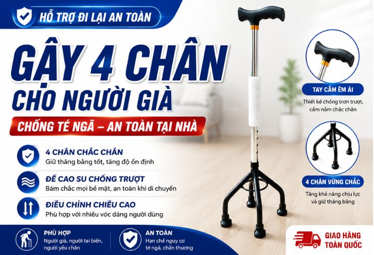 Gậy 4 Chân Cho Người Già Chống Té Ngã An Toàn Tại Nhà