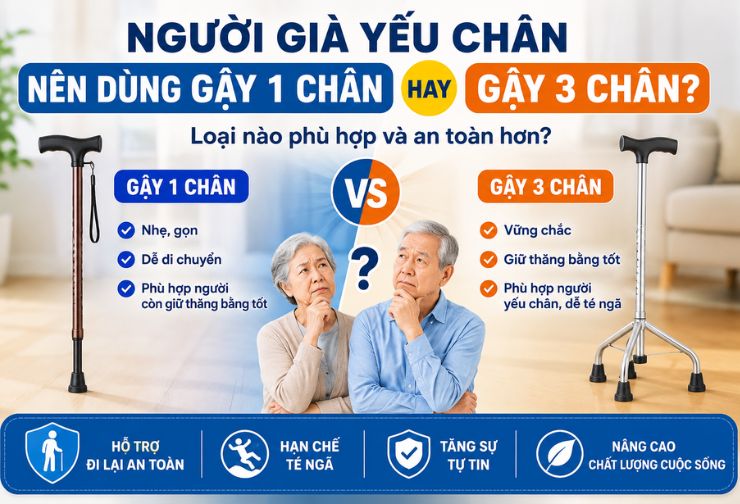 Người Già Yếu Chân Nên Dùng Gậy 1 Chân Hay Gậy 3 Chân?